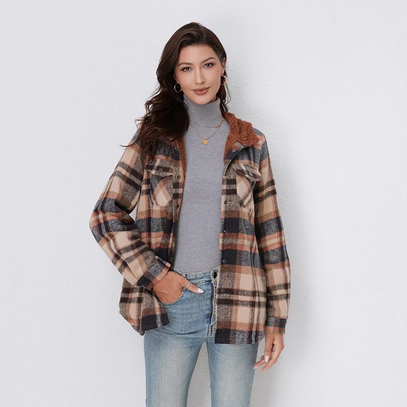 Kapuzenjacke Damen Relaxed Fit Herbst & Winter Plaid Flanell