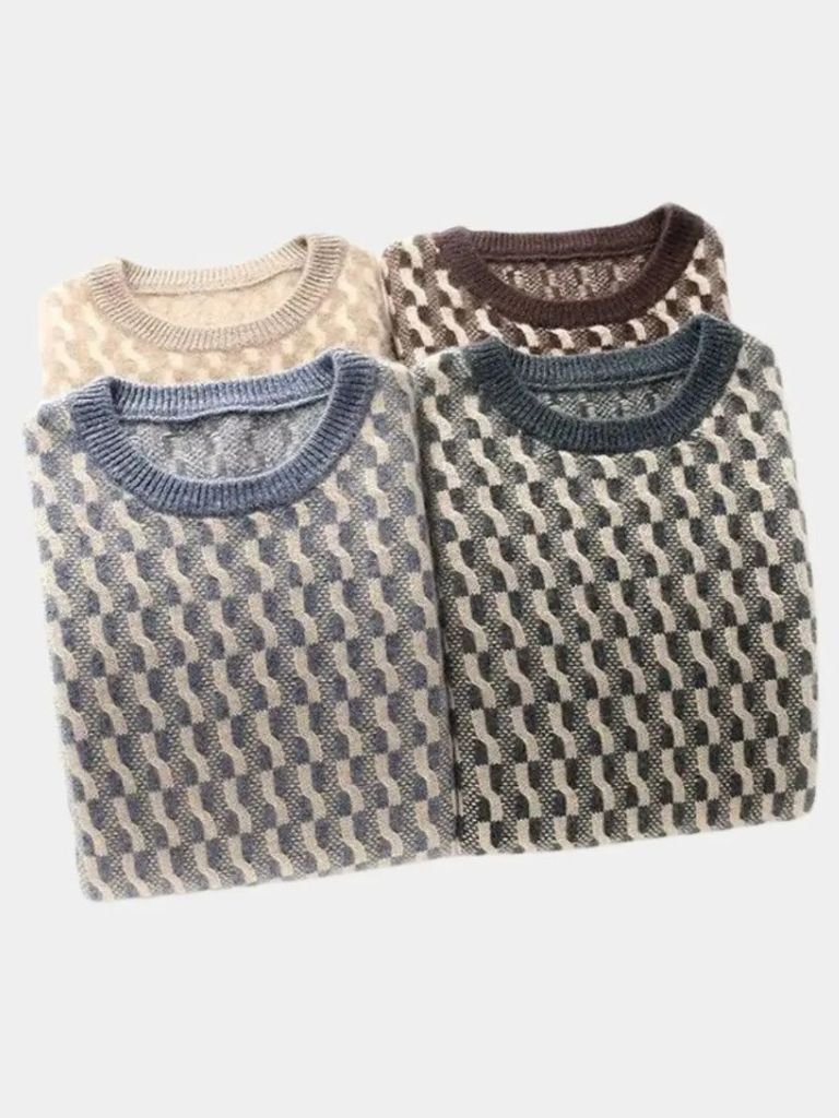 100% Wool Geometric Crew Neck Sweater - Cross & Crown