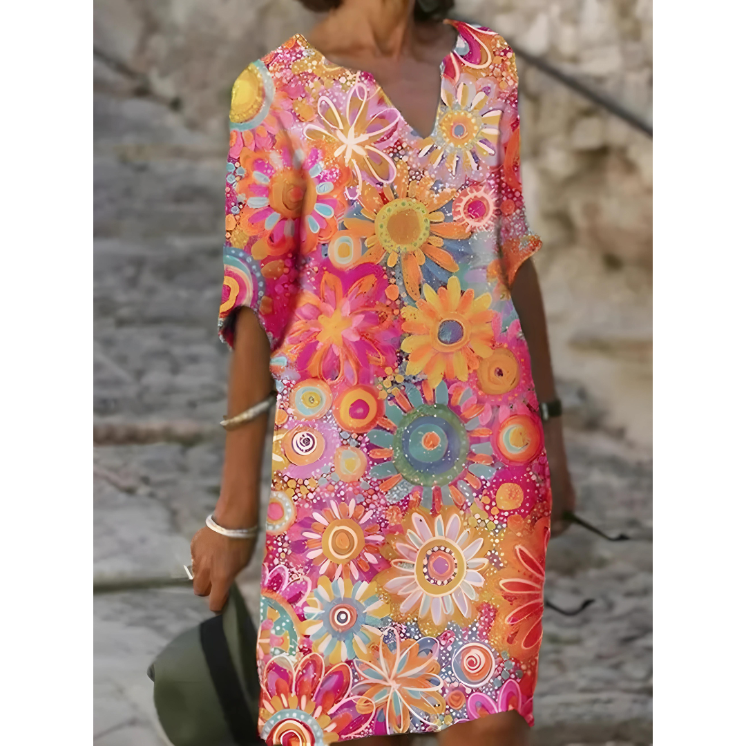 Kleid Damen Regular Fit Frühling & Sommer V-Ausschnitt Blumenmuster