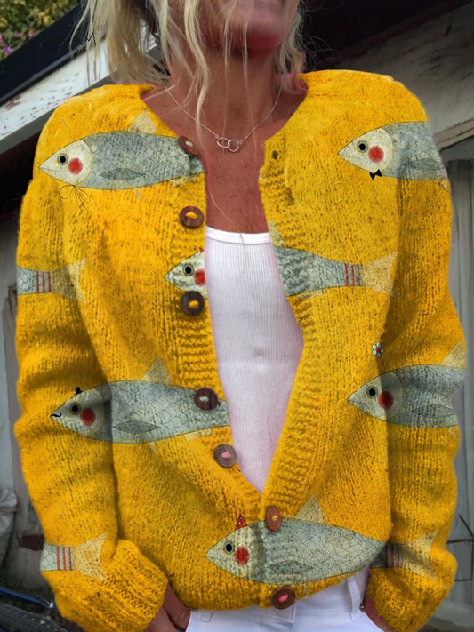Retro Fisch Sardinen Kunstprint | Knopf-Cardigan Pullover