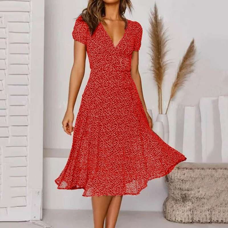 Sommerkleid Damen Luftig Casual V-Ausschnitt