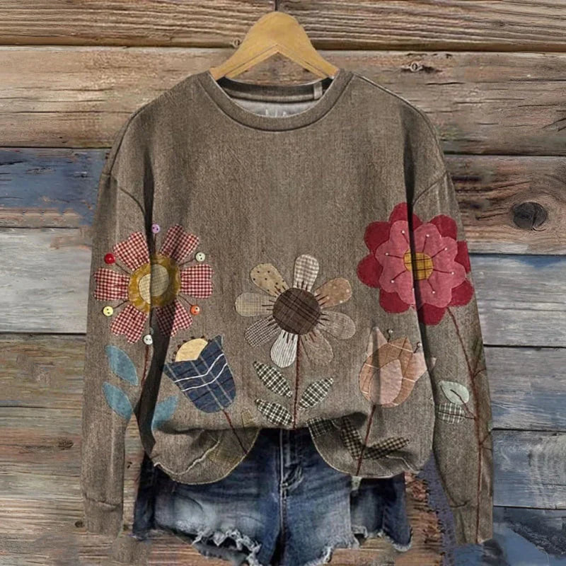 Sweatshirt Damen Relaxed Fit Freizeit & Übergangszeit buntes Blumenmuster Vintage
