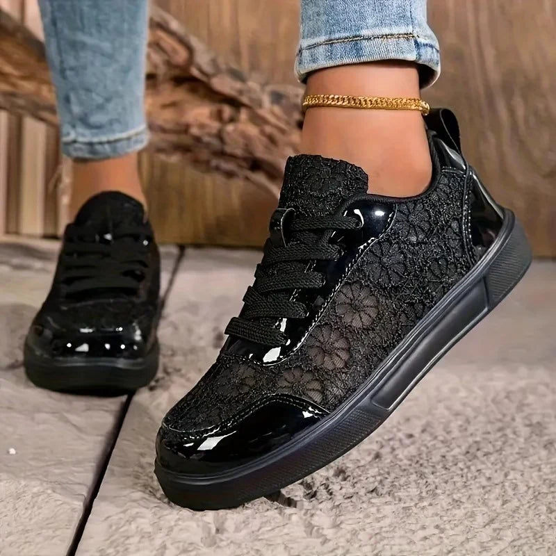 Sneaker Damen Leicht Atmungsaktiv Blumen-Spitzenmuster