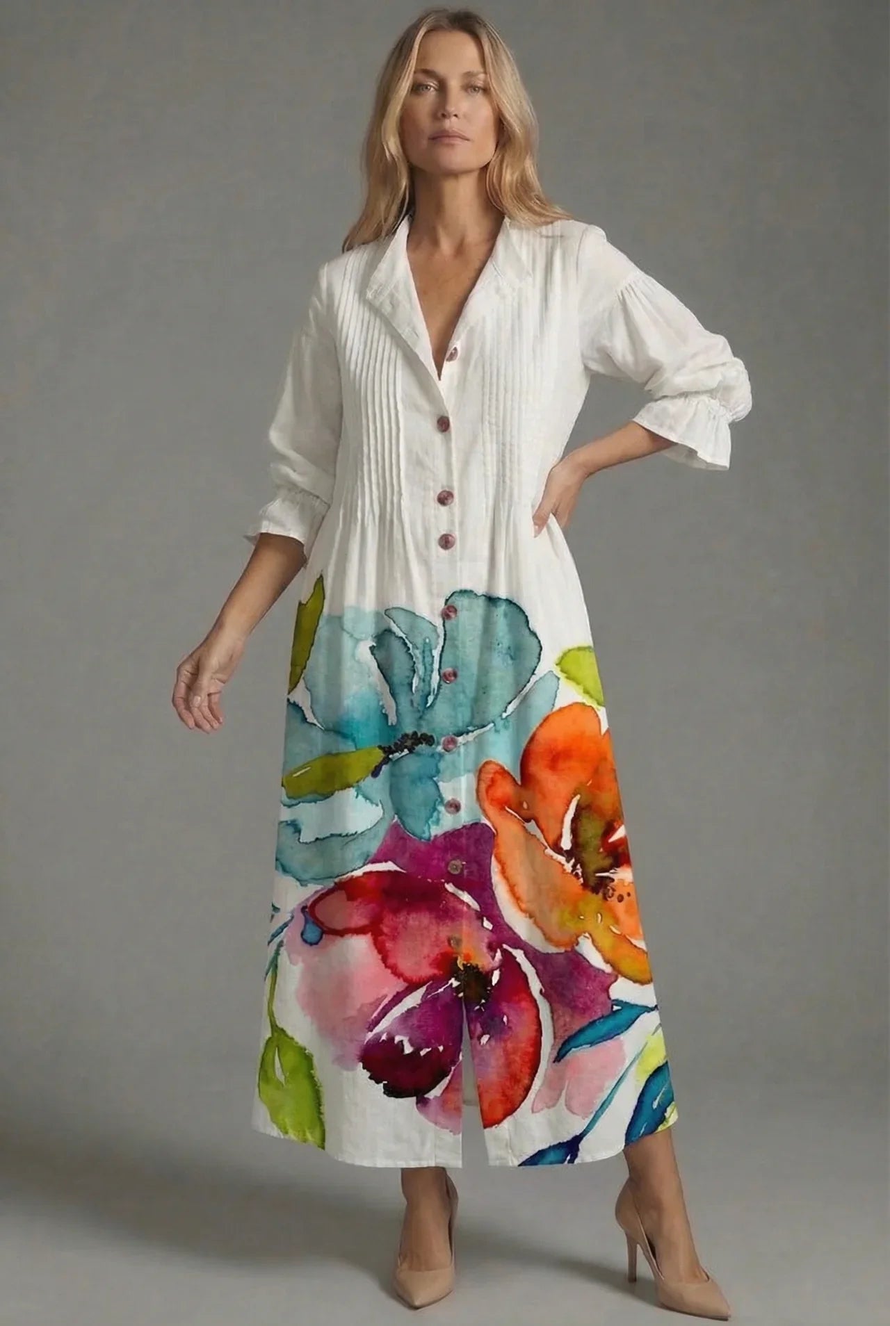 Maxikleid Damen A-Linie Knopf-Front Botanischer Print Sommer