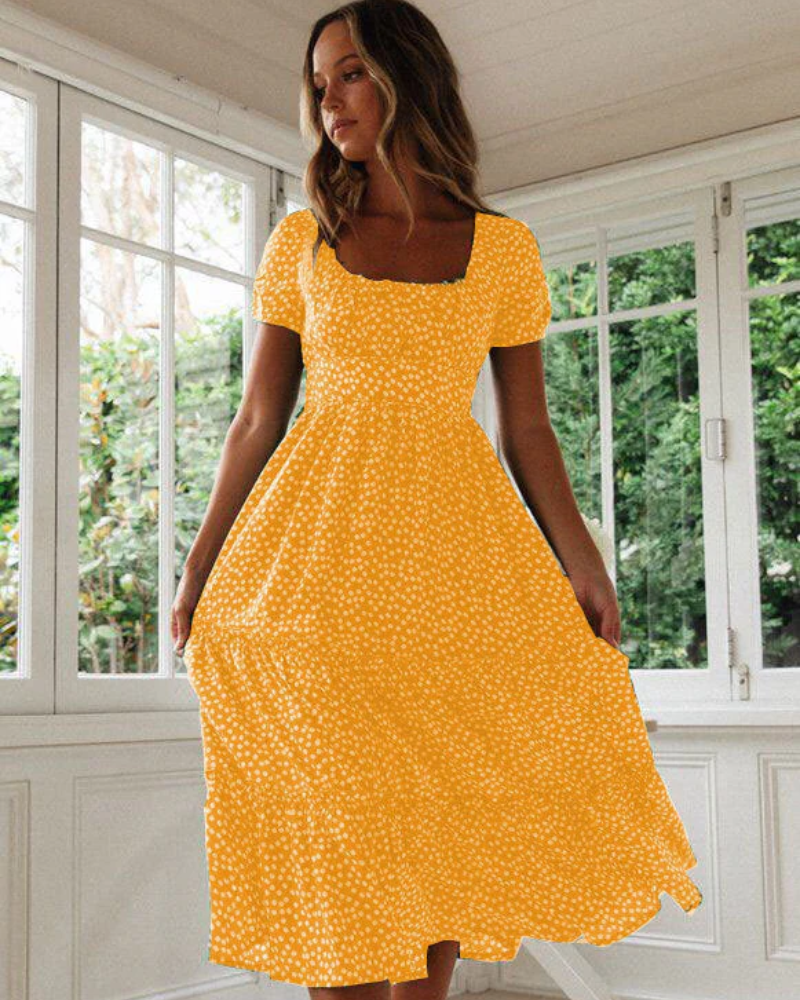 Sommerkleid Damen Midi Puffärmel Quadrat Ausschnitt Freizeit