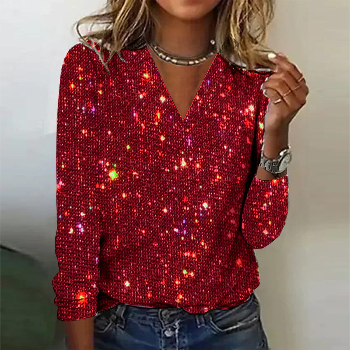 Elegante Damenbluse mit V-Ausschnitt und Glitzer für besondere Anlässe 1