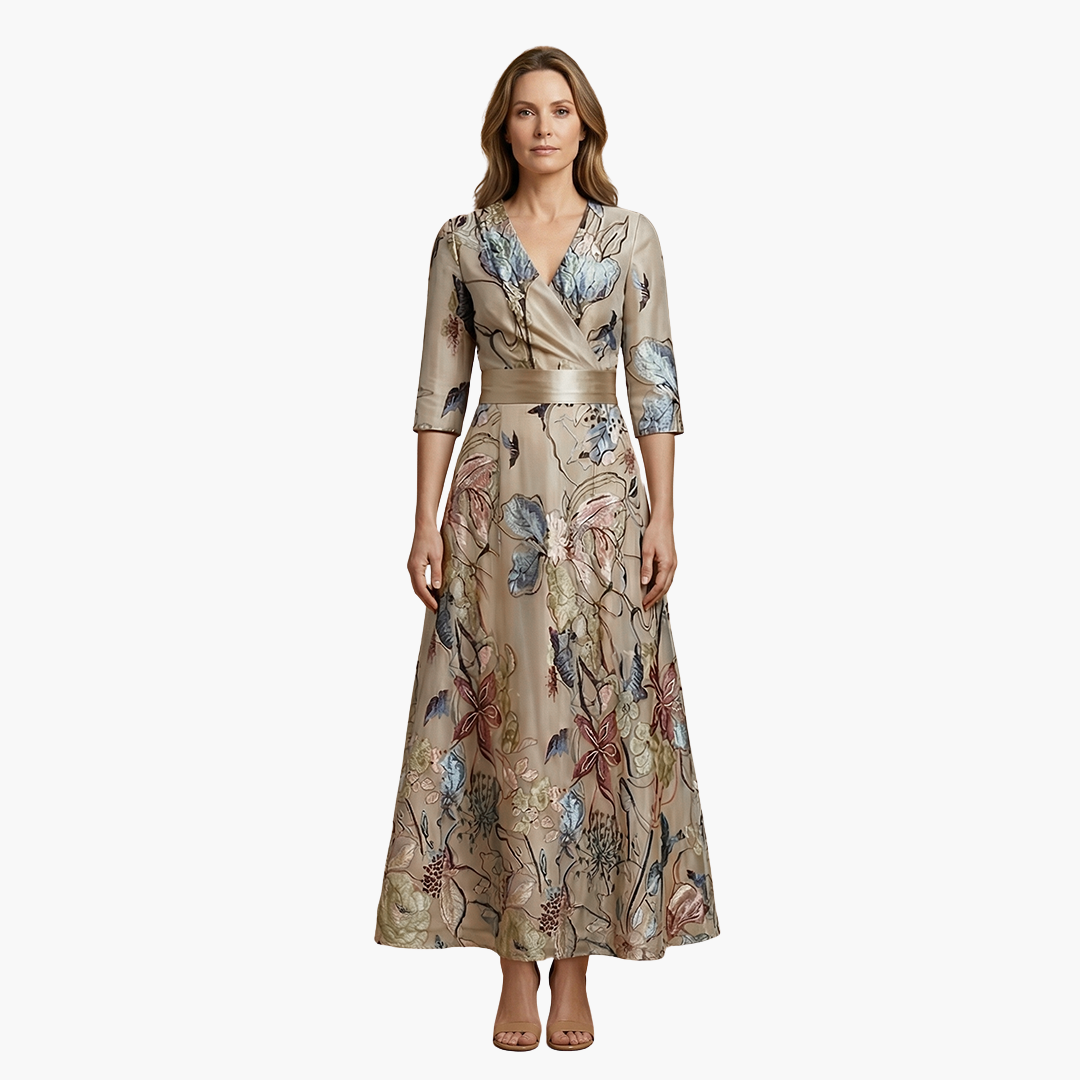 Damen Blumenkleid Elegant V-Ausschnitt Lang Freizeit