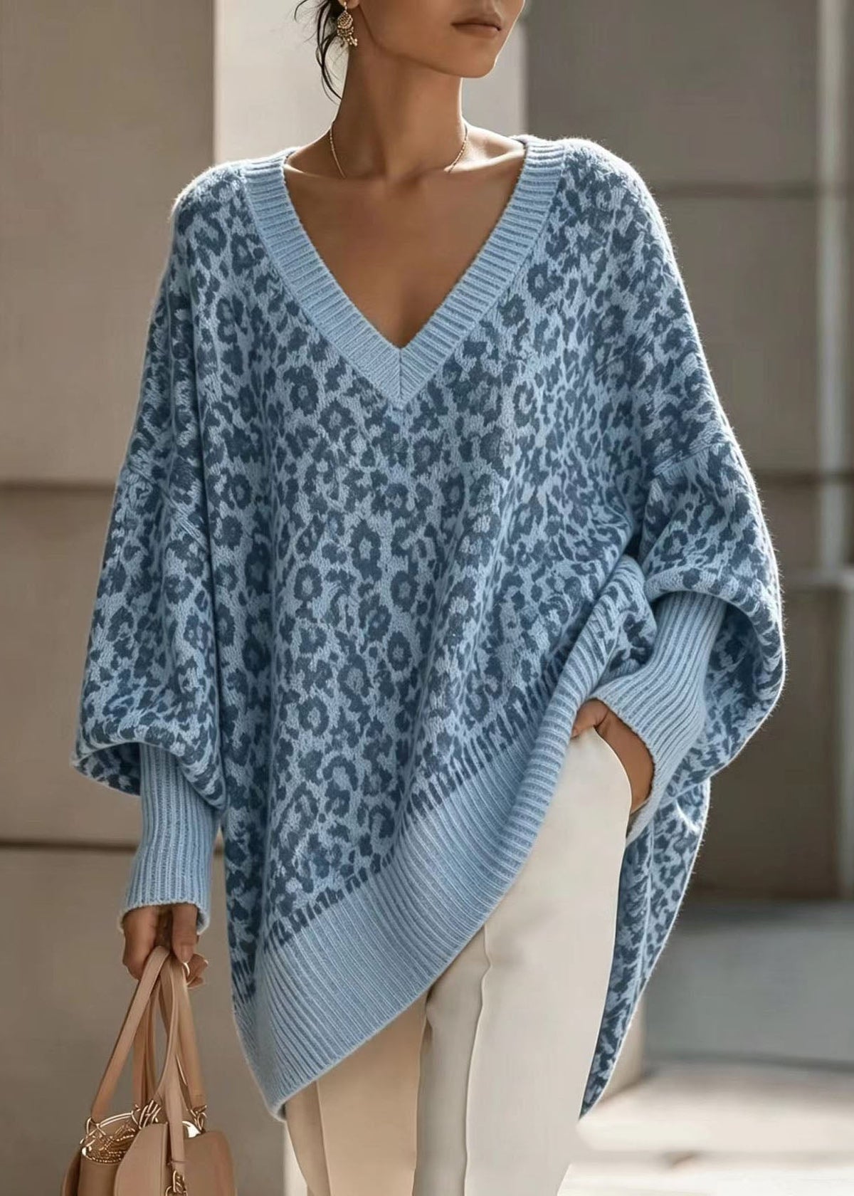 Damen Pullover Oversize Freizeit mit Leopardenmuster und V-Ausschnitt