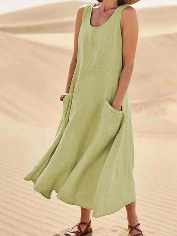 Damen Maxikleid Ärmellos Relaxed Fit Freizeit mit Taschen