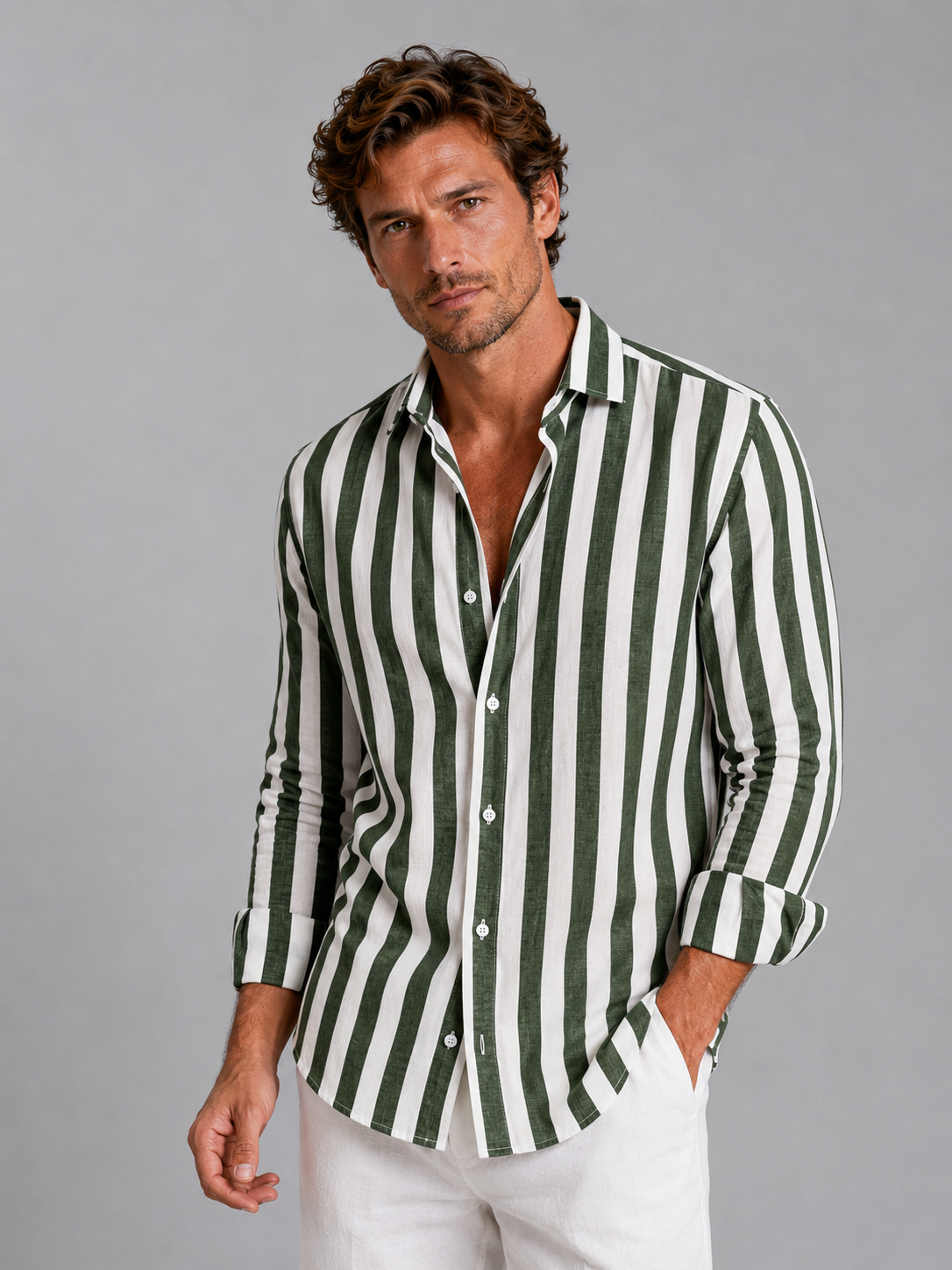 Hemd Herren Leinenlook Gestreift Lässig Sommer Casual