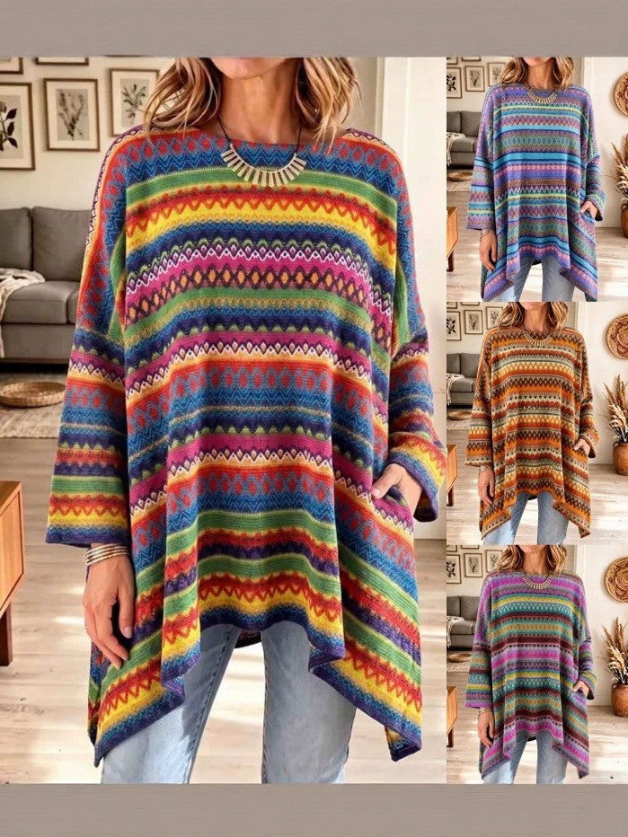 Damen Ponchopullover Oversize Freizeit mit asymmetrischem Saum und Taschen