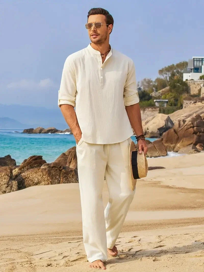 Herren Sommer Set Regular Fit Freizeit Langarmhemd und Hose
