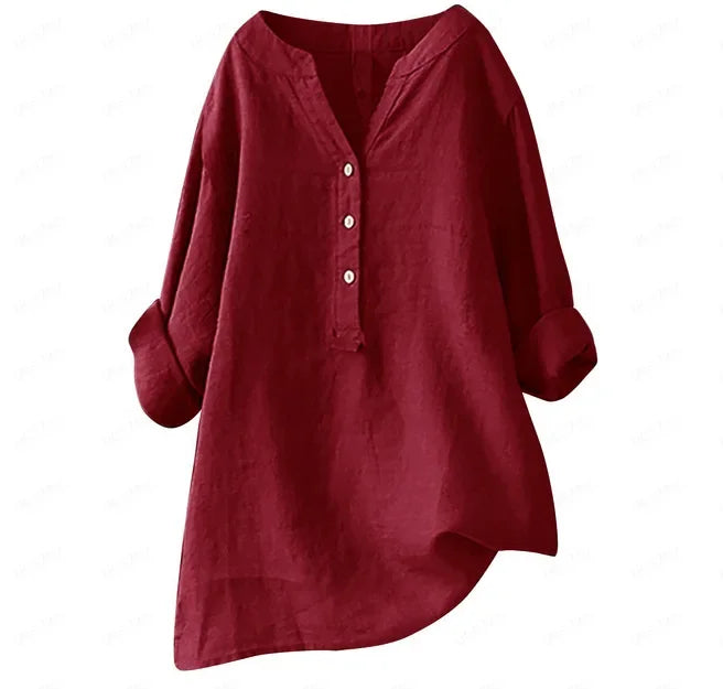 Leinenhemd Damen Locker Sommer Casual V-Ausschnitt