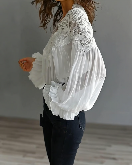 Bluse Damen Elegant Freizeit Florale Spitze Lanternenärmel
