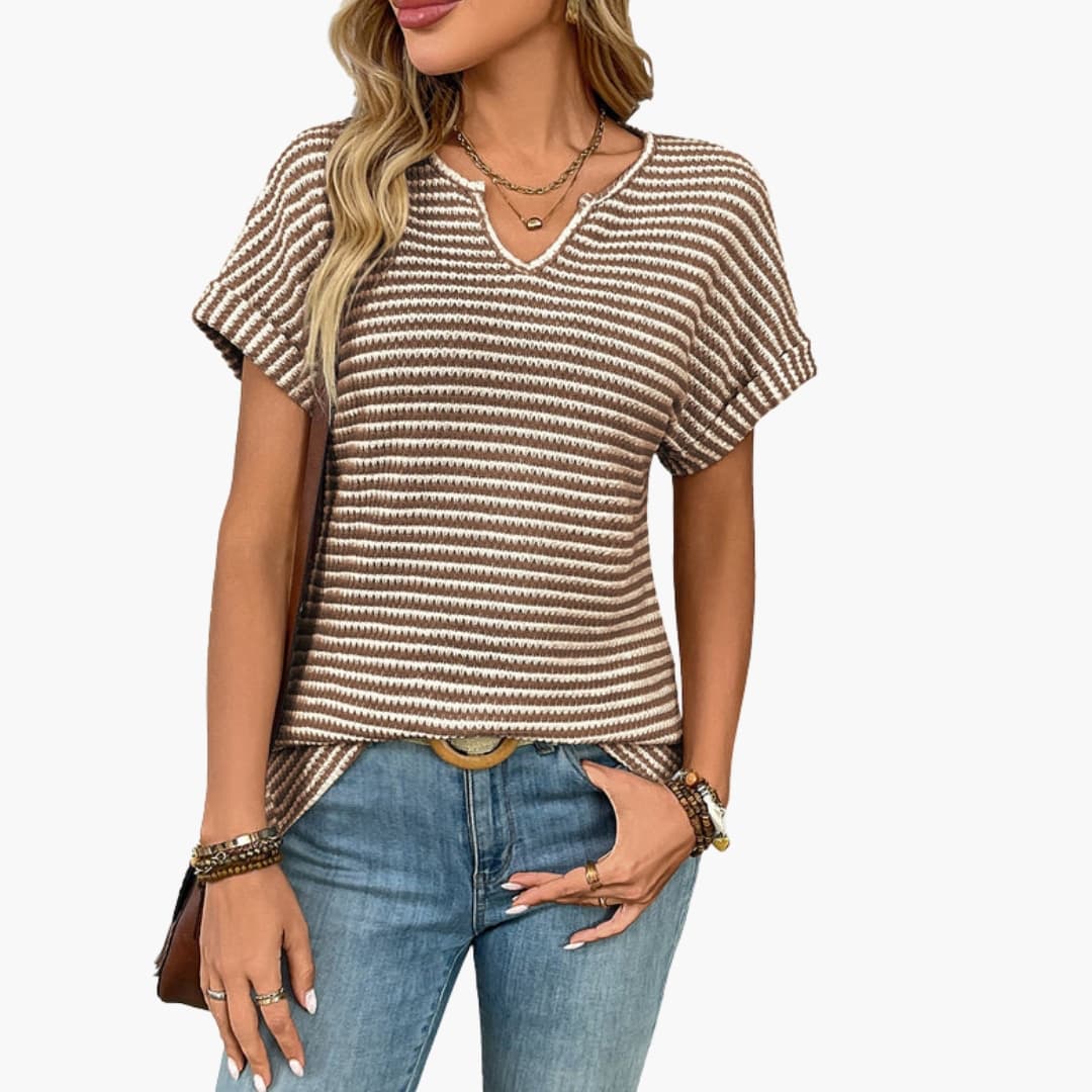 Damen Kurzarm T-Shirt V-Ausschnitt Regular Fit Freizeit Gestreift