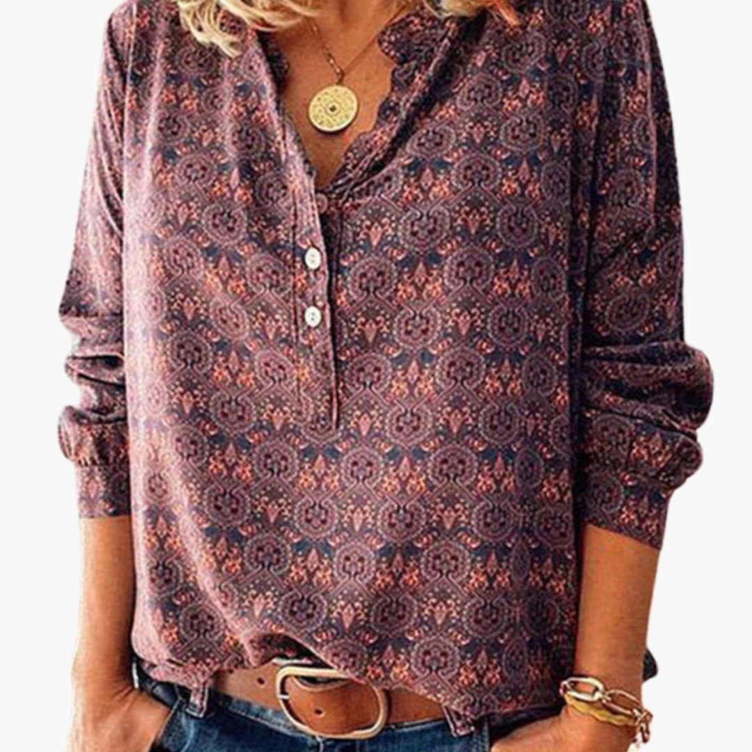Damen Vintage Druck Knopf-Down Bluse Langarm Kragen Woven Shirt