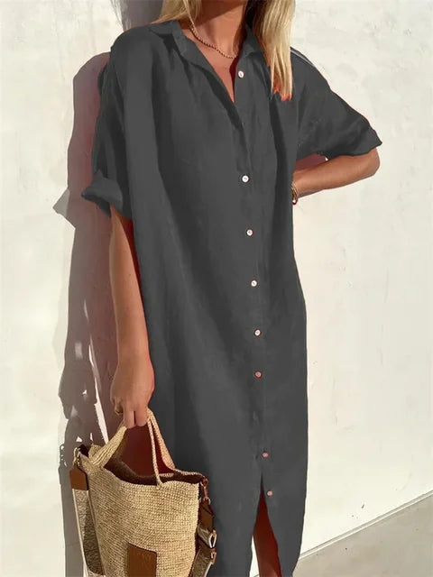 Sommerkleid Damen Relaxed Fit Casual V-Ausschnitt Knopfleiste