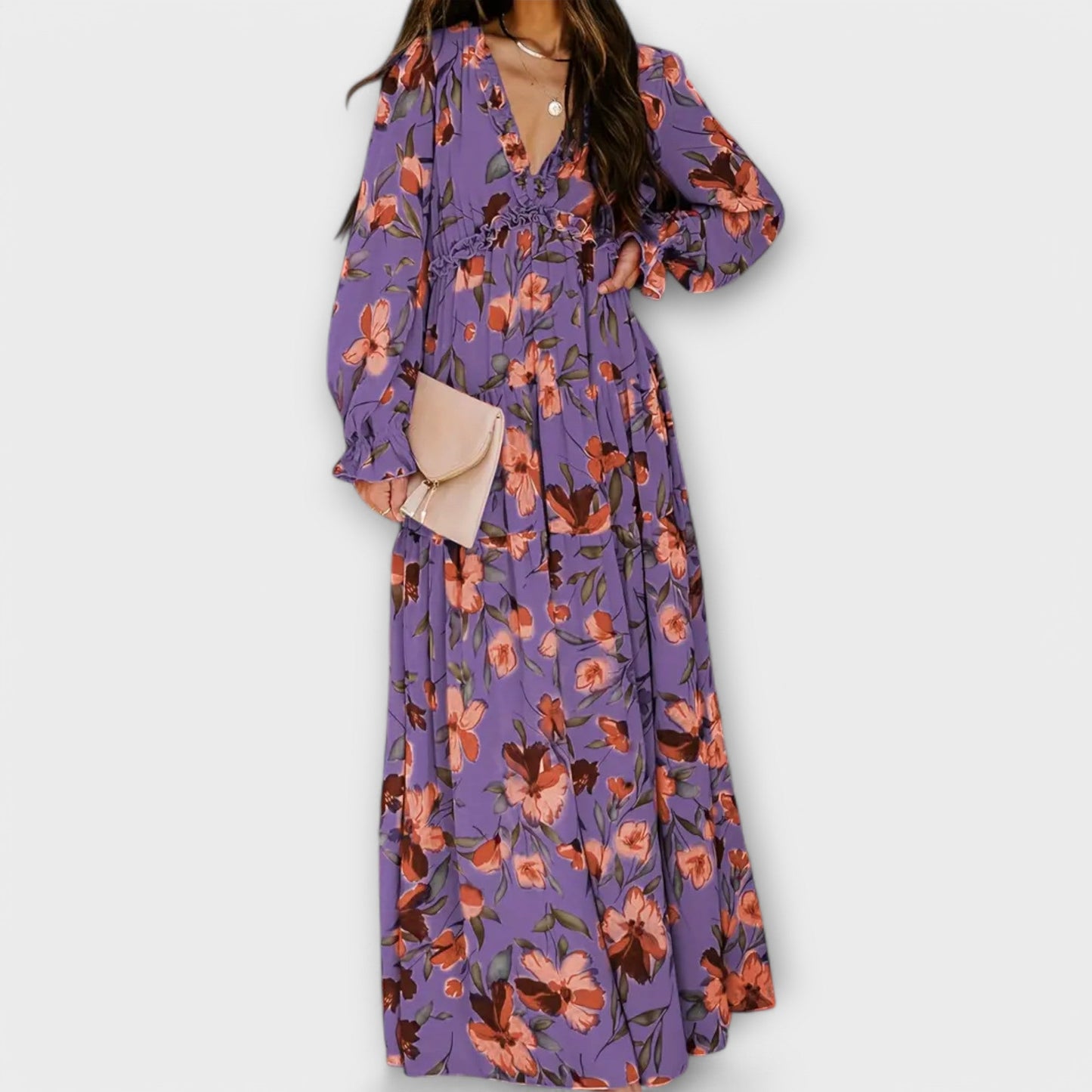 Maxikleid Damen Falten V-Ausschnitt Langarm Sommer Elegant