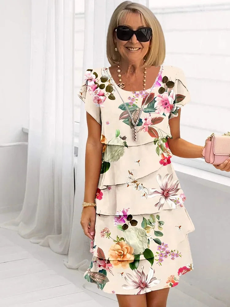 Floral Faltenkleid für Damen mit Rüschen und kaskadierenden Lagen