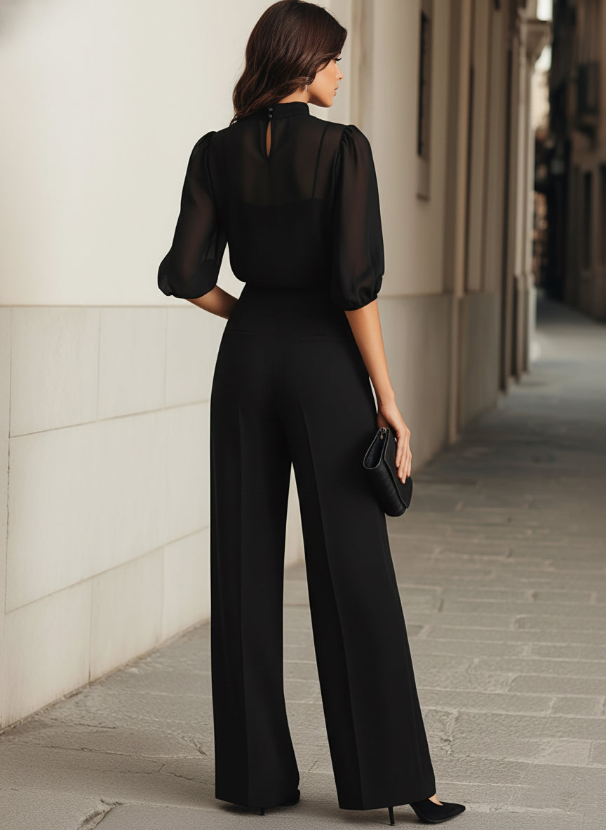 Dreiteiler Damen Transparentes Oberteil Weite Hose Elegant