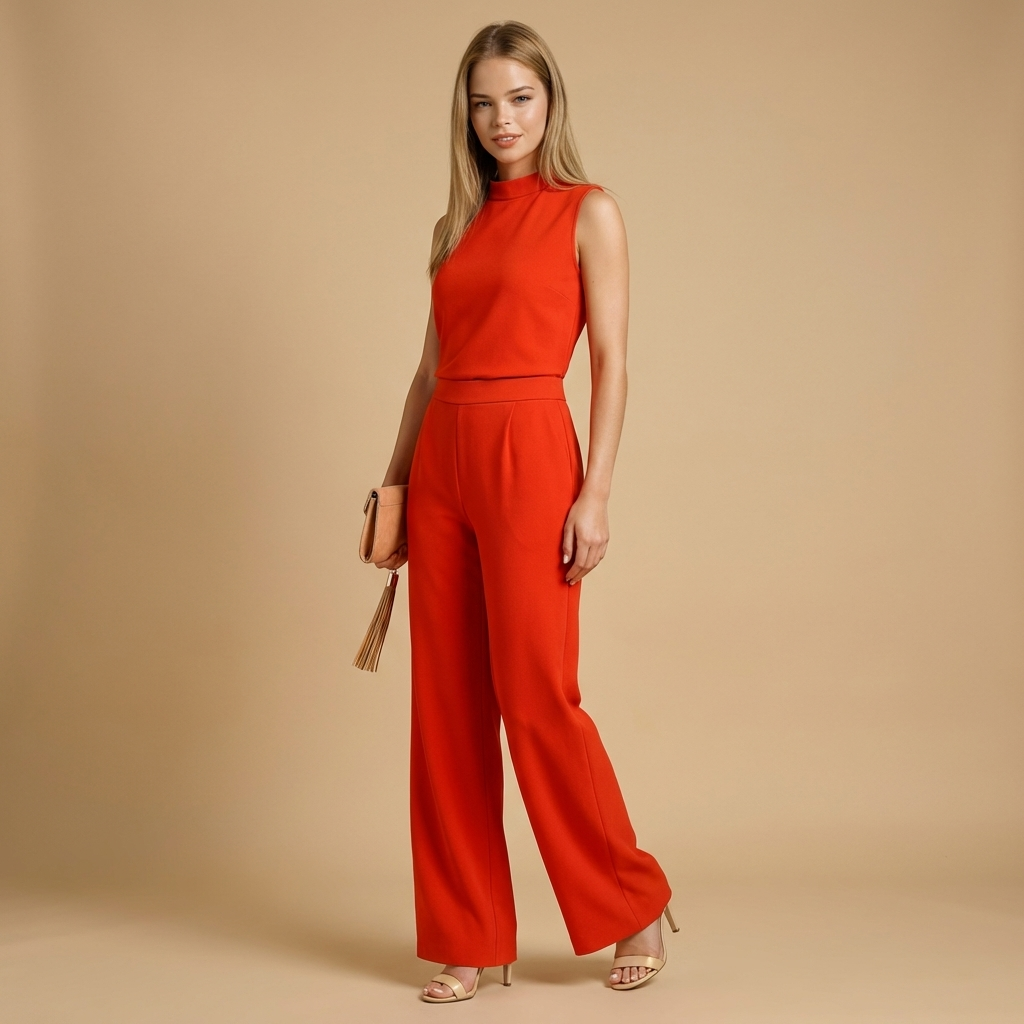 Jumpsuit Damen Ärmellos Stehkragen Weite Beinform Lang