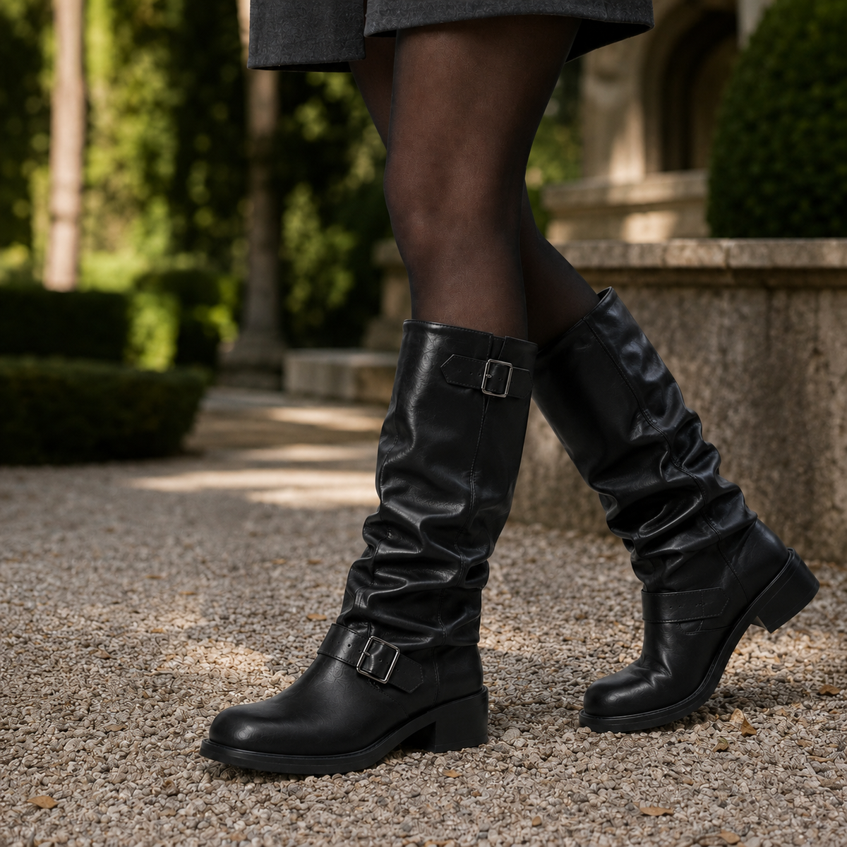 Bikerstiefel Damen Kniehoch Vegan Leder Casual