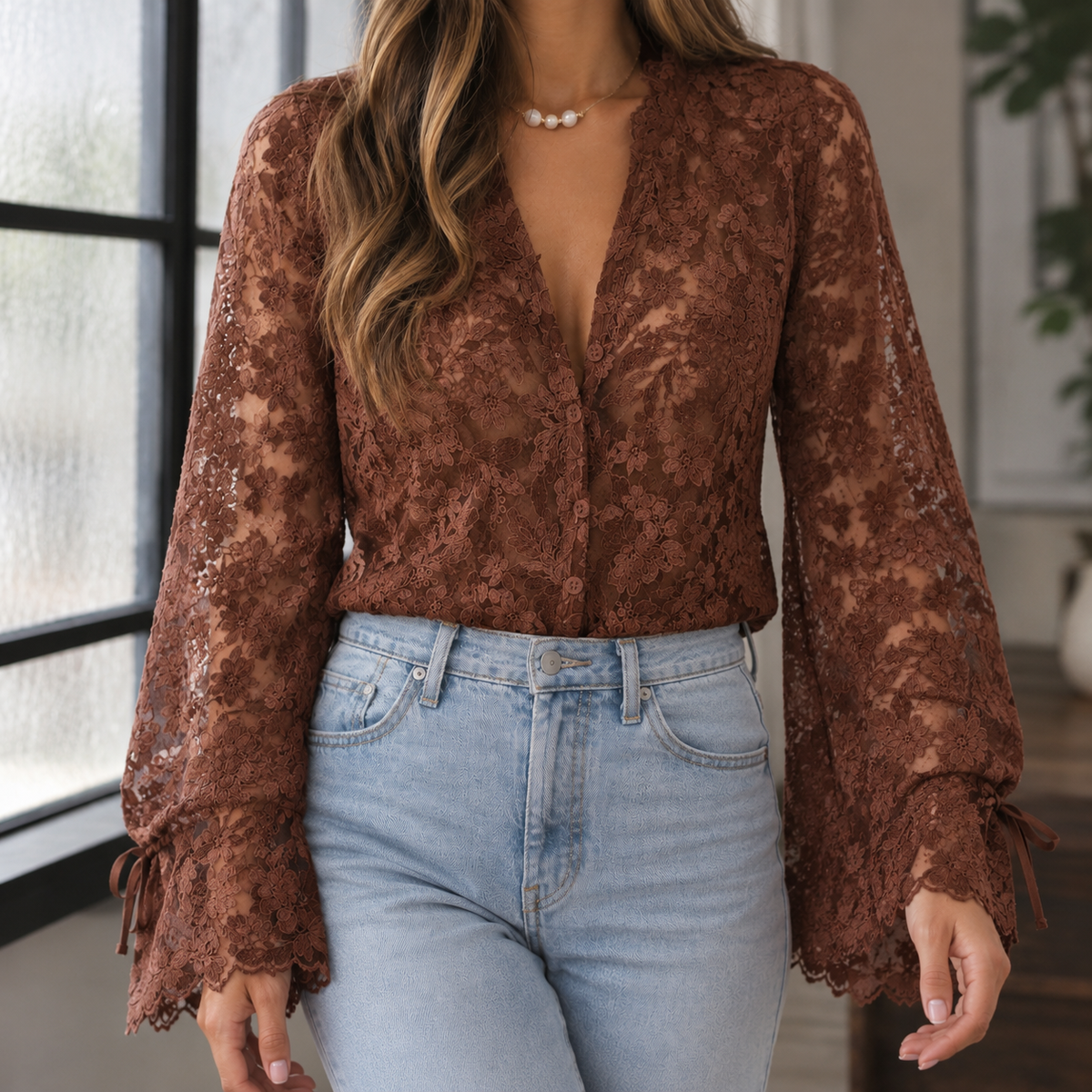 Bluse Damen Locker Floral Spitze Casual
