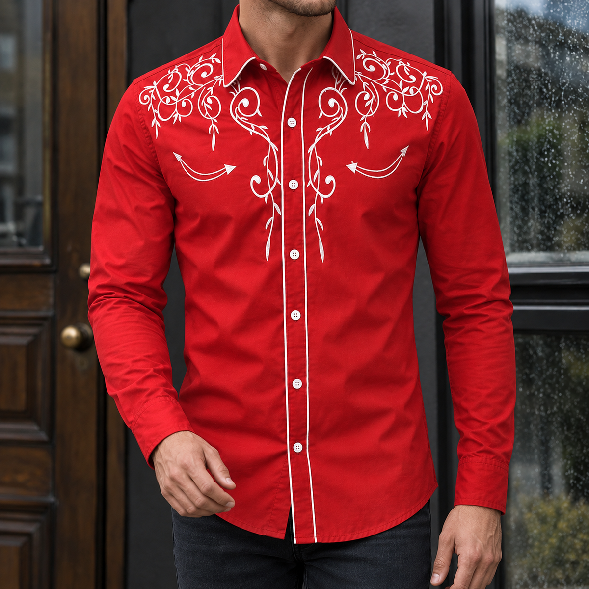 Hemd Herren Slim Fit Casual Langarm Spitzkragen Retro