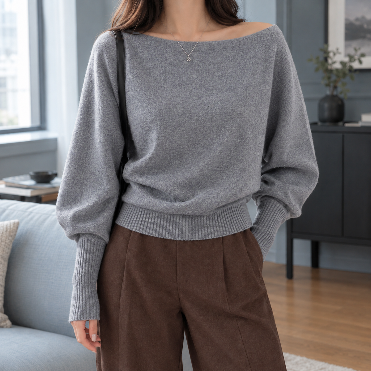Off-Shoulder Top Damen Locker Langarm Casual