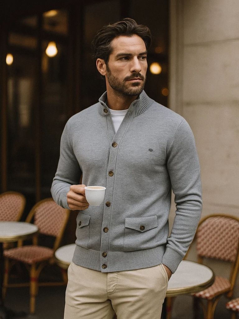 Baumwoll-Strickjacke mit Stehkragen - Cross & Crown