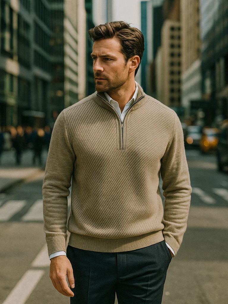 Gestreifter Viertelzip Wollpullover - Cross & Crown