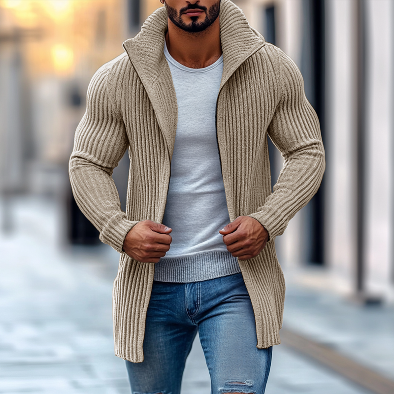 Gestreifter Langarm-Strickcardigan für Herren mit Stehkragen
