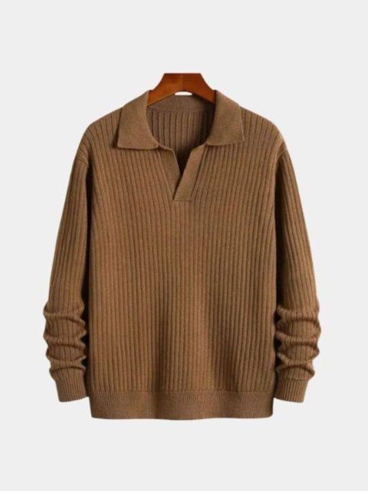 V-Neck Ribbed Knit Polo Sweater - Cross & Crown