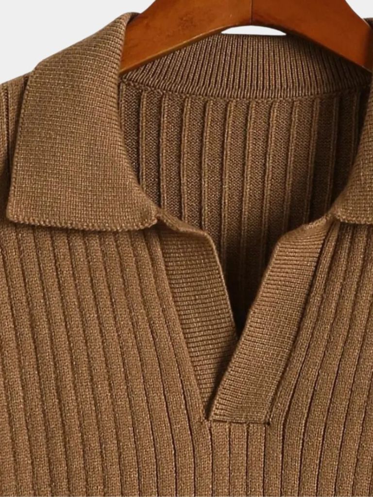 V-Neck Ribbed Knit Polo Sweater - Cross & Crown