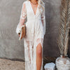 Langes Kleid Damen Boho Spitze V-Ausschnitt Hoher Schlitz