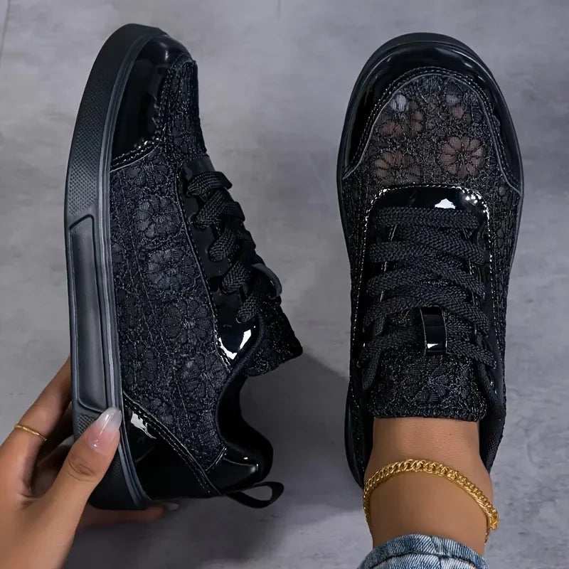 Sneaker Damen Leicht Atmungsaktiv Blumen-Spitzenmuster