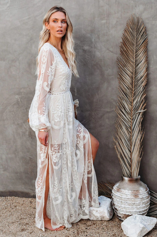 Langes Kleid Damen Boho Spitze V-Ausschnitt Hoher Schlitz