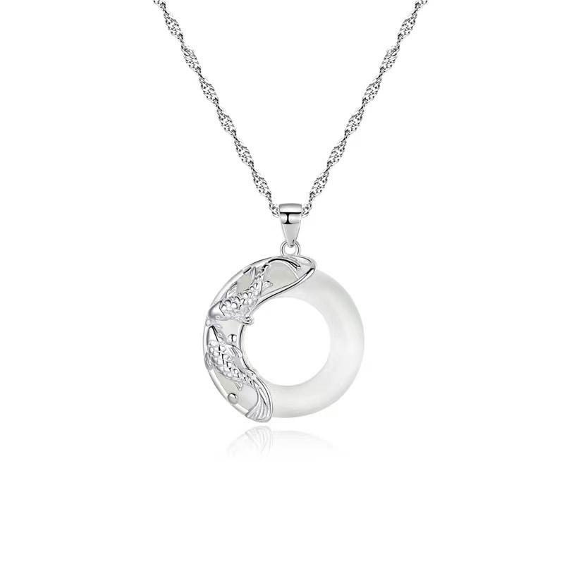 Halskette Damen Unisex Weißer Jade Koi Glücksanhänger