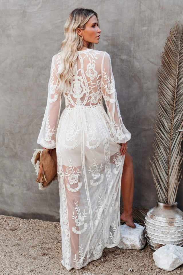 Langes Kleid Damen Boho Spitze V-Ausschnitt Hoher Schlitz
