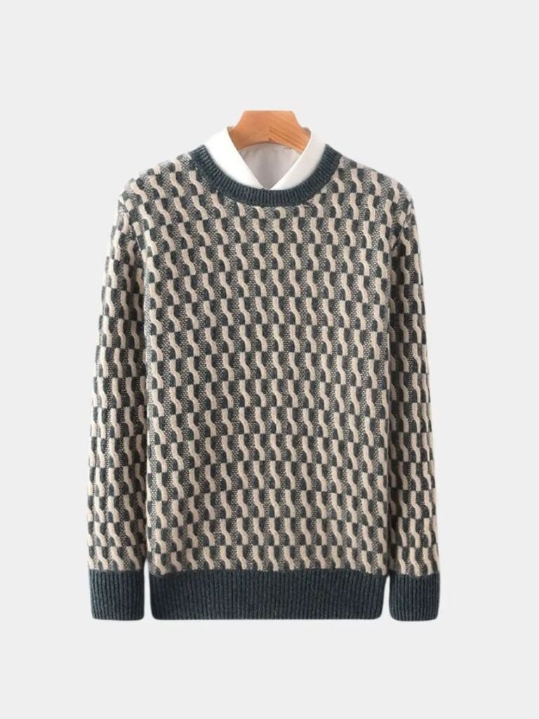 100% Wool Geometric Crew Neck Sweater - Cross & Crown