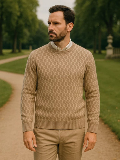 100% Wool Geometric Crew Neck Sweater - Cross & Crown