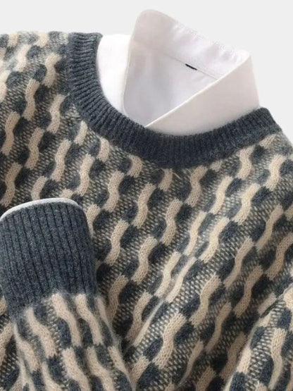 100% Wool Geometric Crew Neck Sweater - Cross & Crown