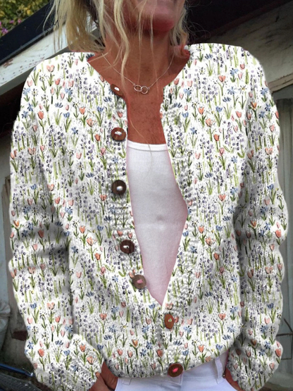 Frühling Wiesen Floral Muster Knopf-Cardigan Pullover