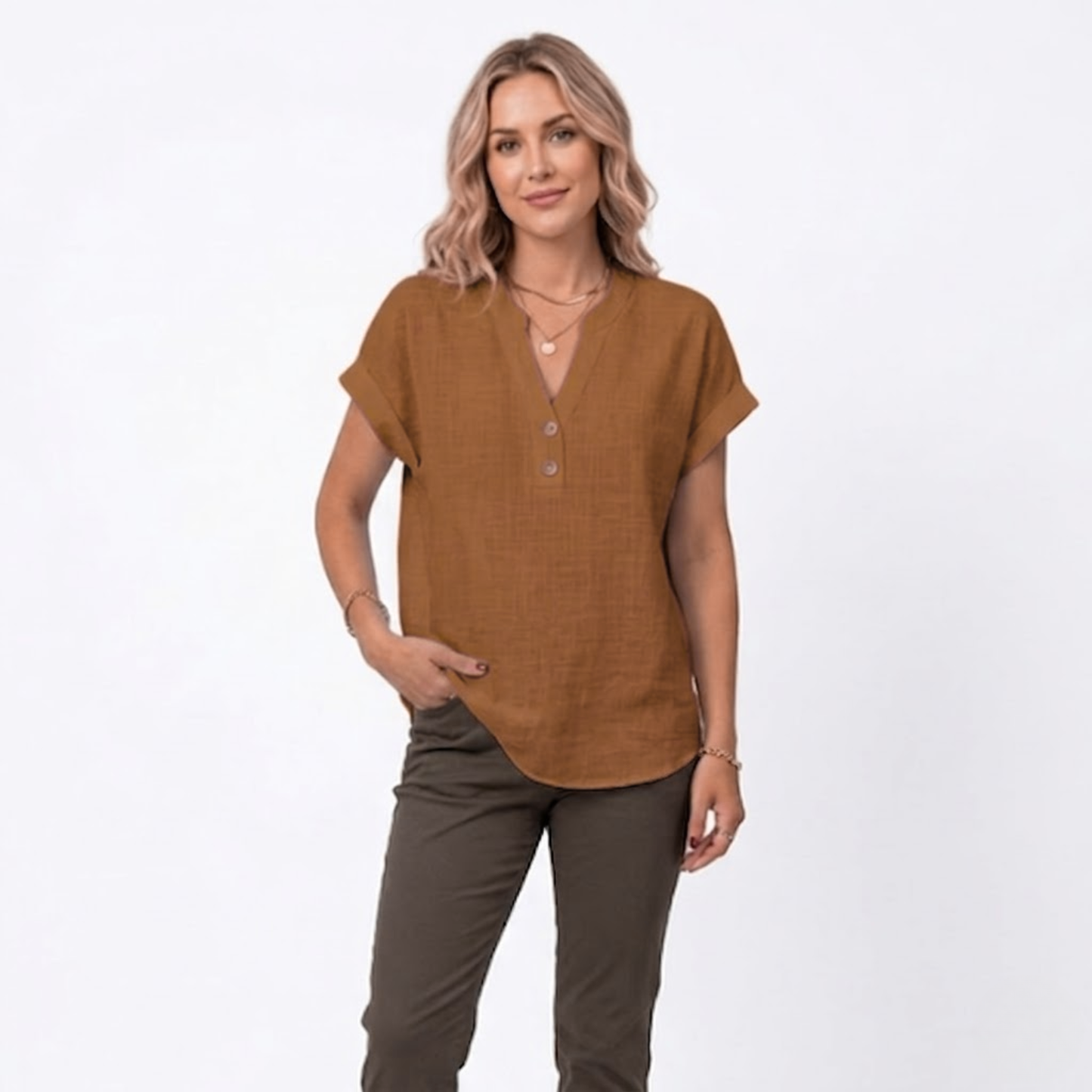 Bluse Damen Locker V-Ausschnitt Kurzarm Casual
