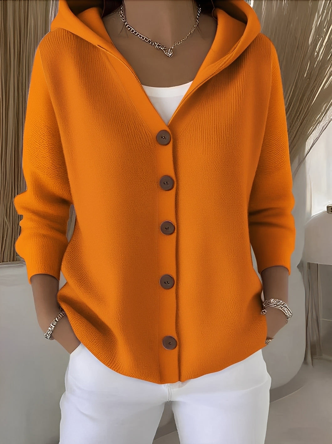 Damen Strickjacke mit Kapuze im lockeren Schnitt