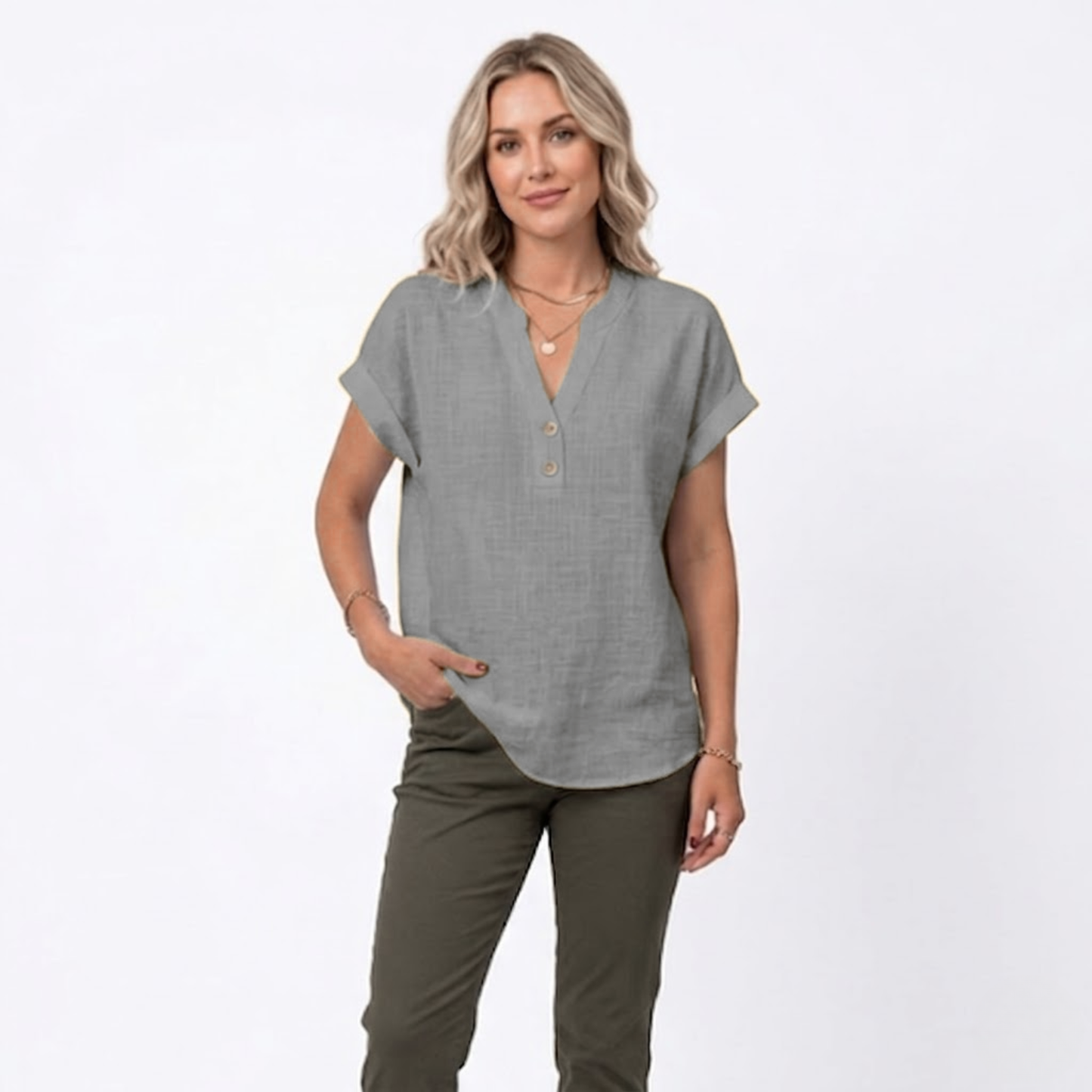 Bluse Damen Locker V-Ausschnitt Kurzarm Casual