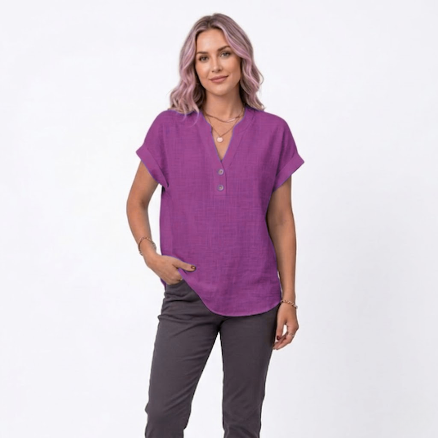 Bluse Damen Locker V-Ausschnitt Kurzarm Casual