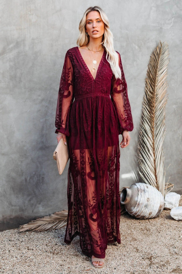 Langes Kleid Damen Boho Spitze V-Ausschnitt Hoher Schlitz