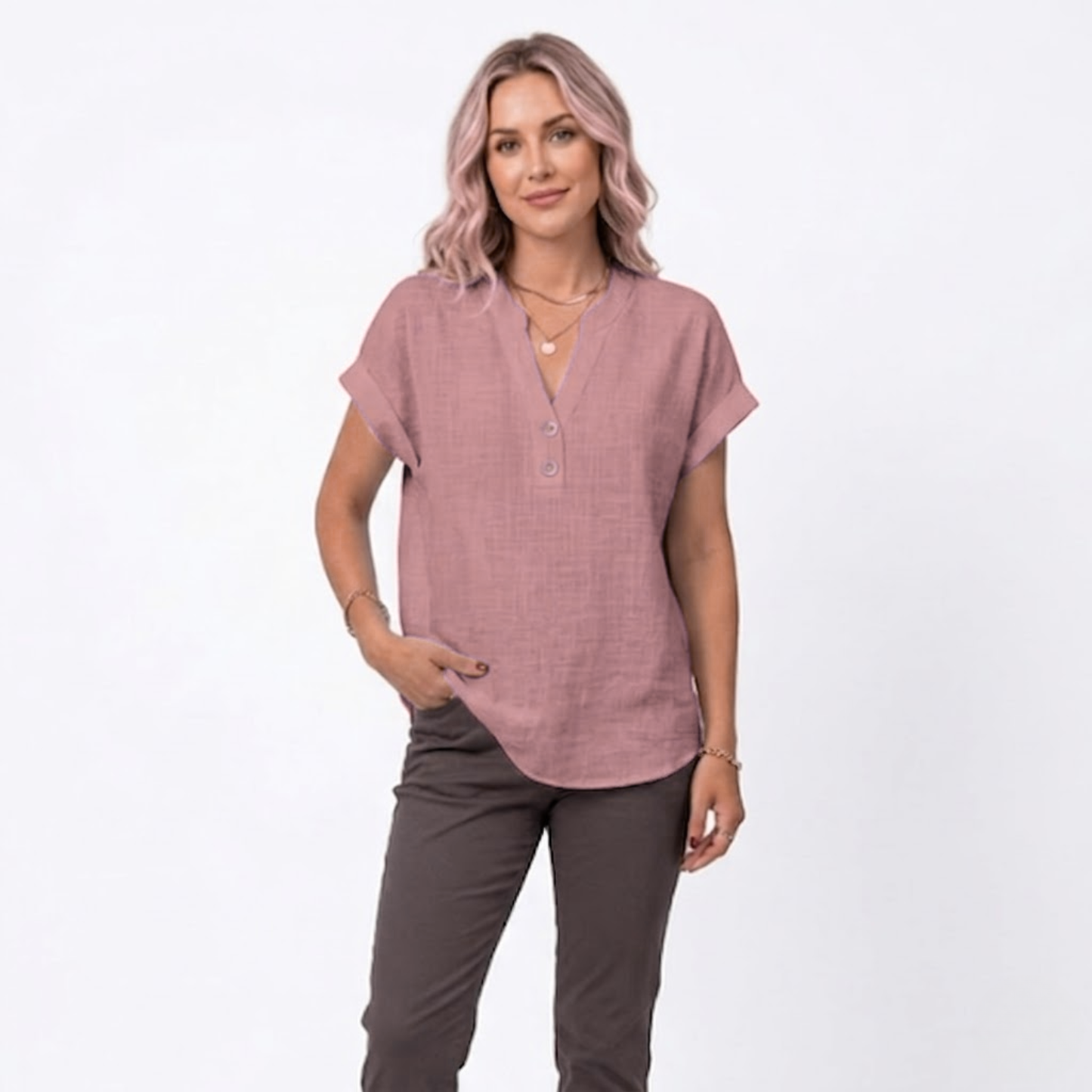 Bluse Damen Locker V-Ausschnitt Kurzarm Casual