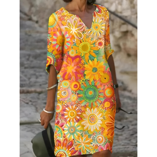 Kleid Damen Regular Fit Frühling & Sommer V-Ausschnitt Blumenmuster